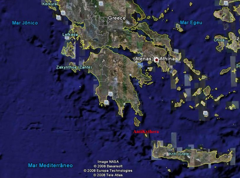 localização da ilha de Antikythera no mapa da grecia