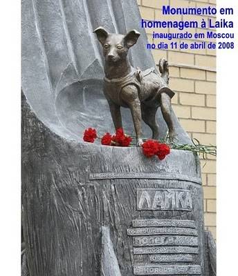 monumento em homenagem a laika com flores embaixo dela