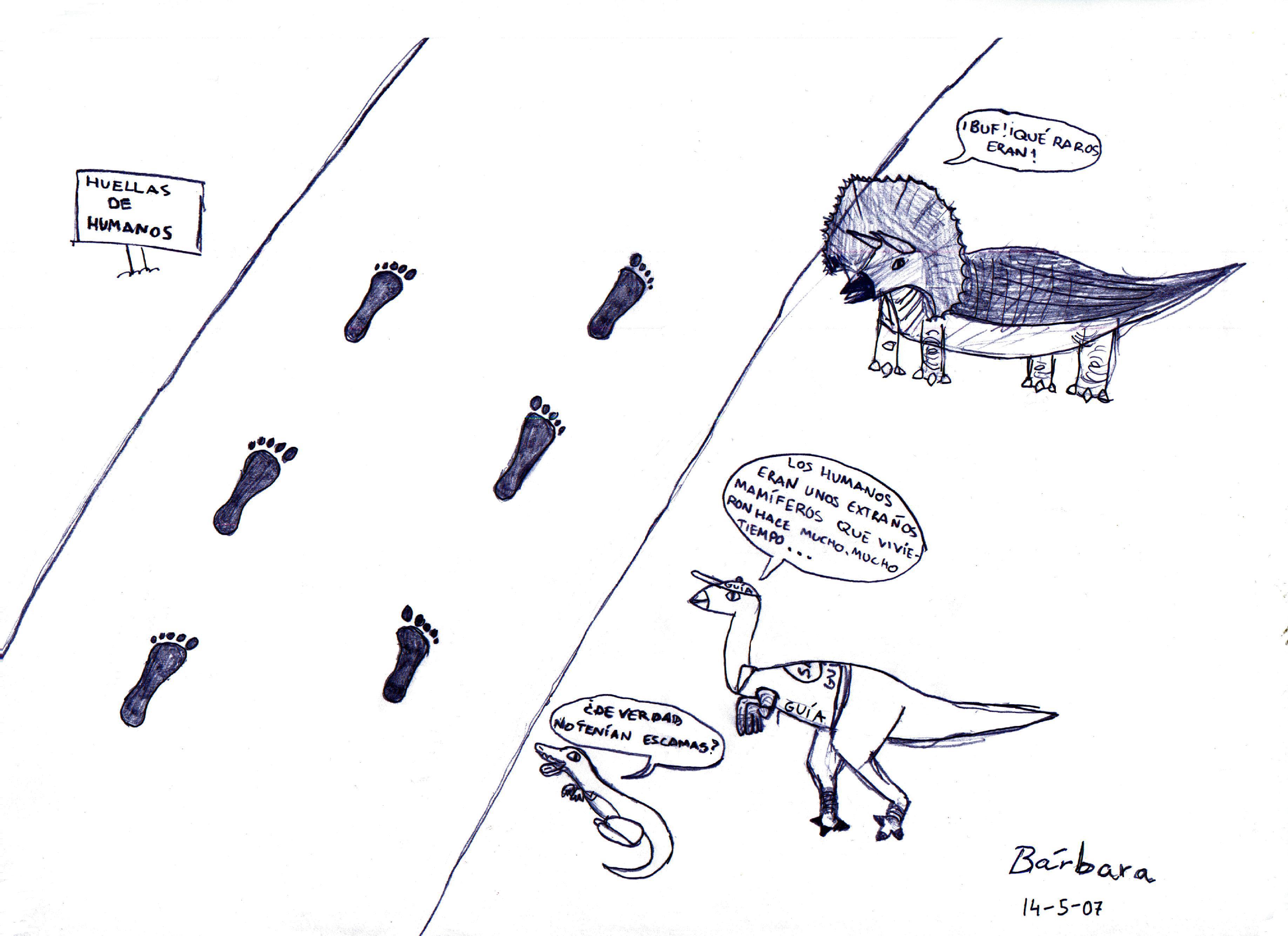 charge de dinossauros vendo pegadas de humanos 