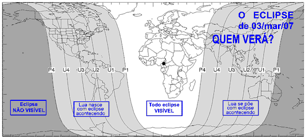 demonstração no mapa de onde sera visto o eclipse. sera visto totalmente na africa e europa, a lua nasce com eclipse nas americas e na asia se poe com eles acontecendo