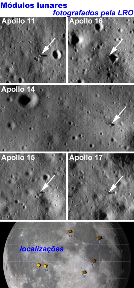 imagens dos modulos lunares das apollo 11, 16, 14, 15, 17 e a localização delas na rua lua todos aparecendo