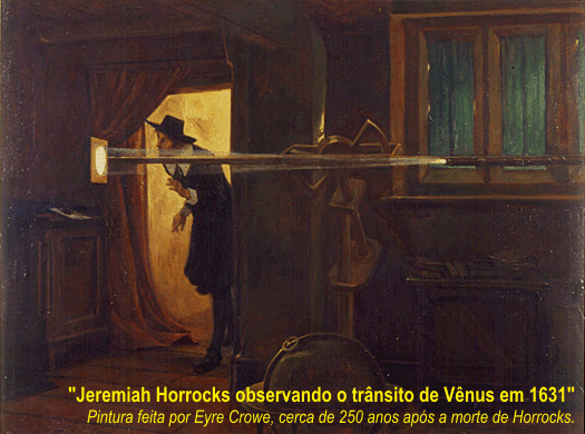 jeremiah observando o transito de mercurio atraves d um aparato que projetava a luz do sol na parede. pintura feita por Eyre Crowe cerca de 250 anos apos a morte de Horrocks