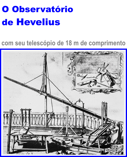 o telescópio de Hevelius e as dimensões de seu telescópio enorme e estreito