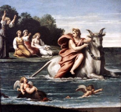 mulheres na margem de um rio, anjos em pedras dentro dele e europa em cima do touro olhando para tras enquanto é levada dentro do rio