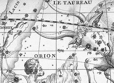 desenho antigo mostrando a constelação de touro e sua vizinhança