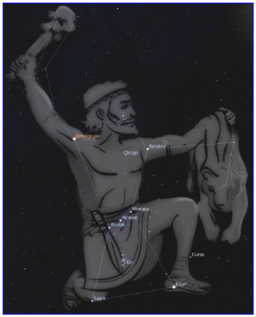 constelação de orion com o desenho do caçador ajoelhado segurando um porrete para cima, com uma pele de leão no outro braço