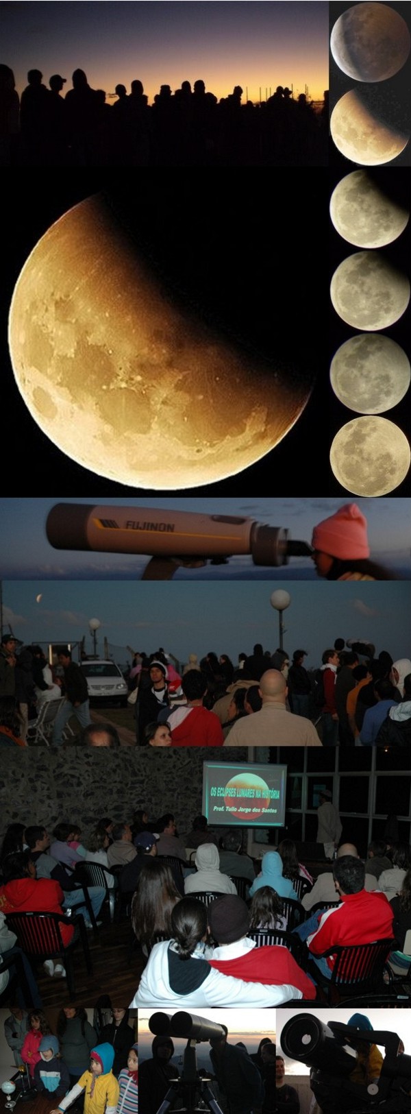 Setembro/08 - Eclipse Lunar - Diversos Autores

        Mais um show da natureza! Ver a Lua nascer eclipsada foi lindo! Quem foi ao “Frei Rosário”, além de observar o eclipse, pôde participar de aulas multimídia; laboratório interativo; observações da Lua; Júpiter; Caixinha de Jóias; etc.
        
        