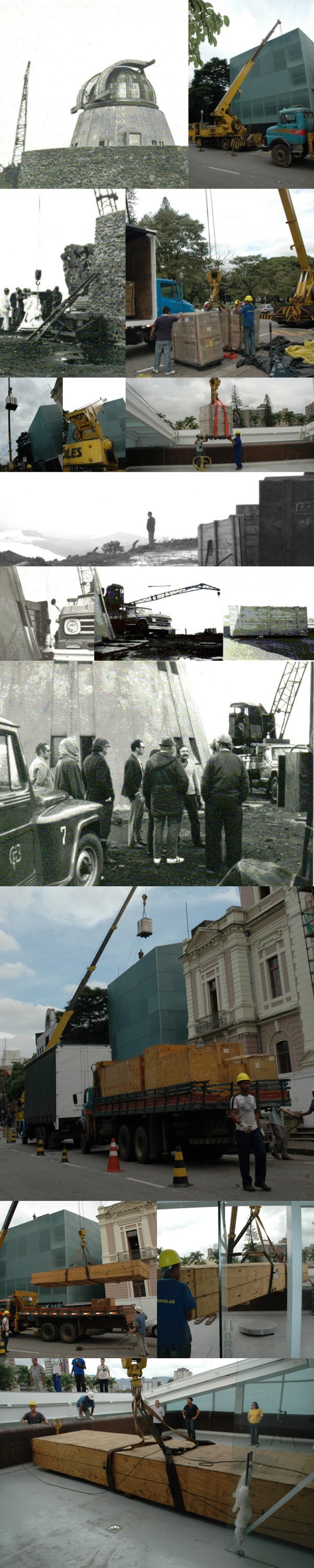 imagens da epoca da construção do observatório e do planetário, com os equipamentos sendo colocados nos predios